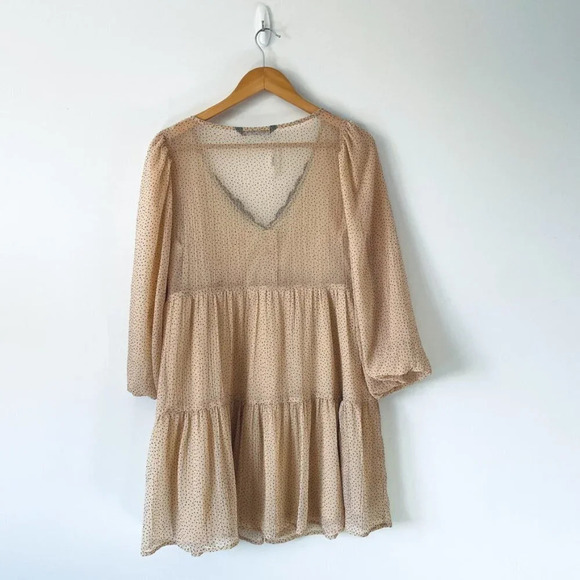 Zara Polka Dot Lace Trim Tiered Babydoll Mini Dress Beige Pink Sz Small - Picture 7 of 8